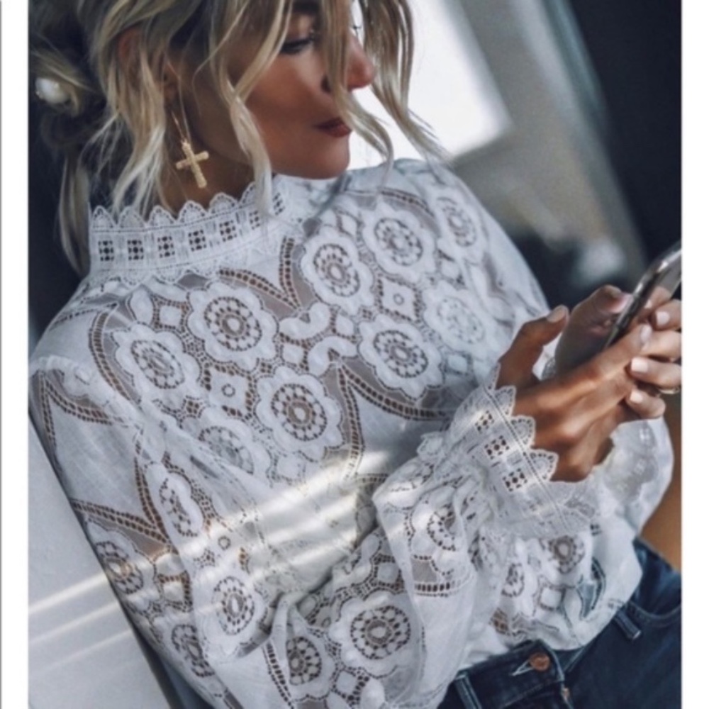 White lace scalloped high neck long sleeve Top Boho